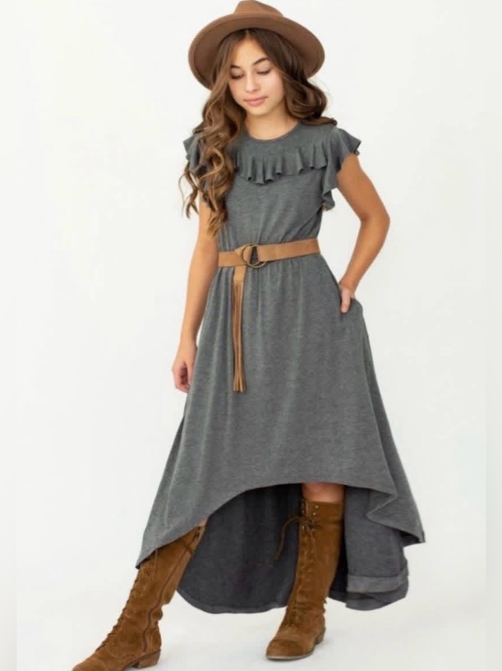 Joyfolie girls Nyla dress in charcoal gray -Mia Joy